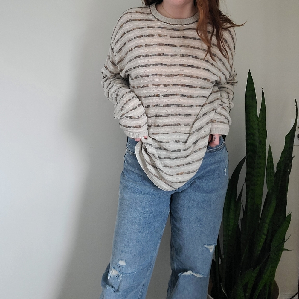 Vintage Holt Renfrew Striped Beige and Gray Sweater